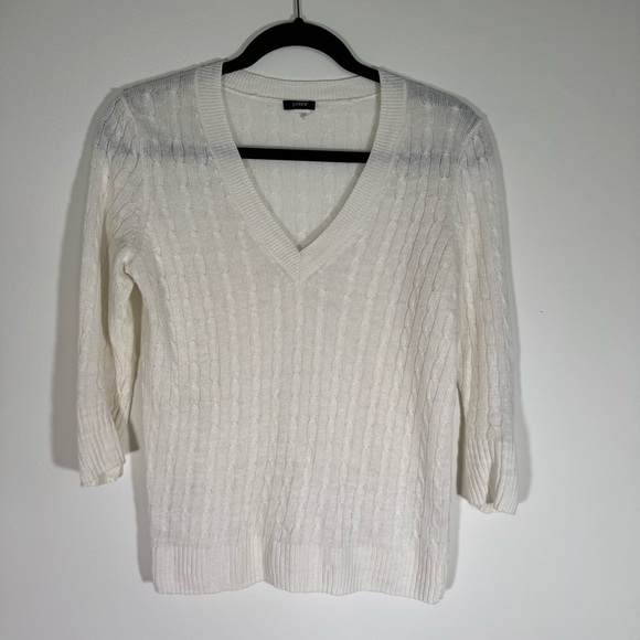 J. Crew White V-Neck Linen Cable Knit Sweater 3/4 Sleeve Size S Old Money Preppy - Picture 2 of 8